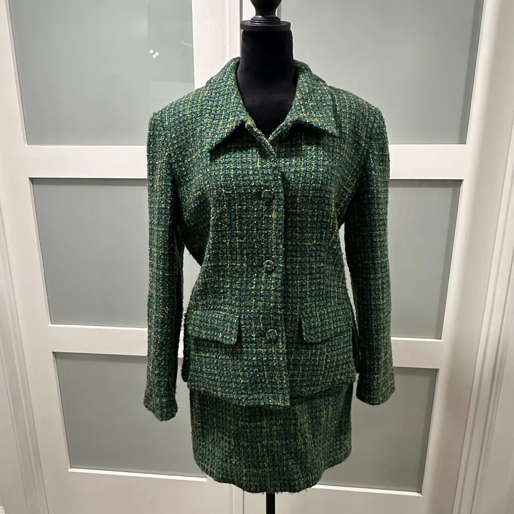 Vintage 90s Esprit Green Yellow Tweed Blazer Mini Skirt Suit Set Size 5/6 Small